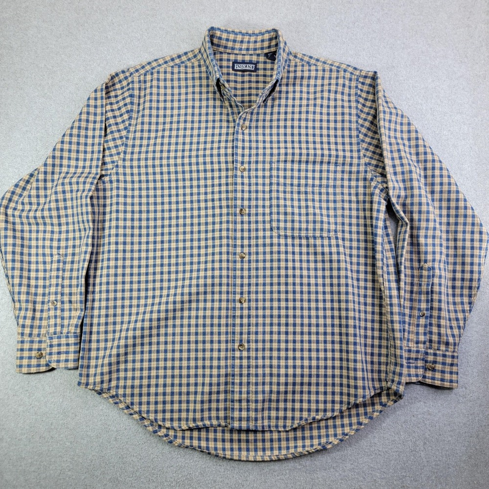 Lands' End Shirt Mens Large Blue Check Long Sleeve Button Down Cotton Twill